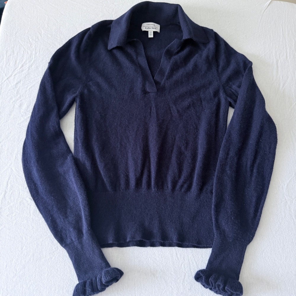 & Other Stories Womens Wool Polo Sweater Navy Size XS Ruffle Cuff Quiet Luxury